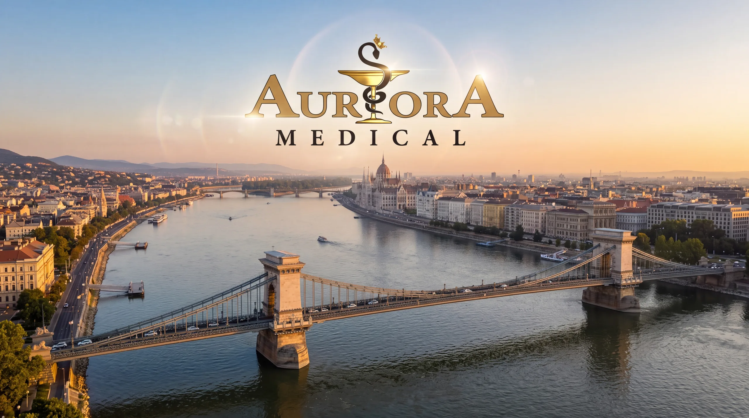 Логотип Aurora Medical над Цепным мостом и Дунаем
